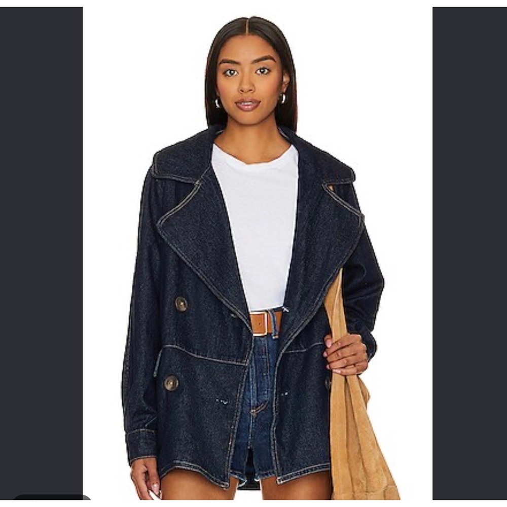 Free People Denim Car Coat Jacket L Double Breasted Dark Academia Western Chore